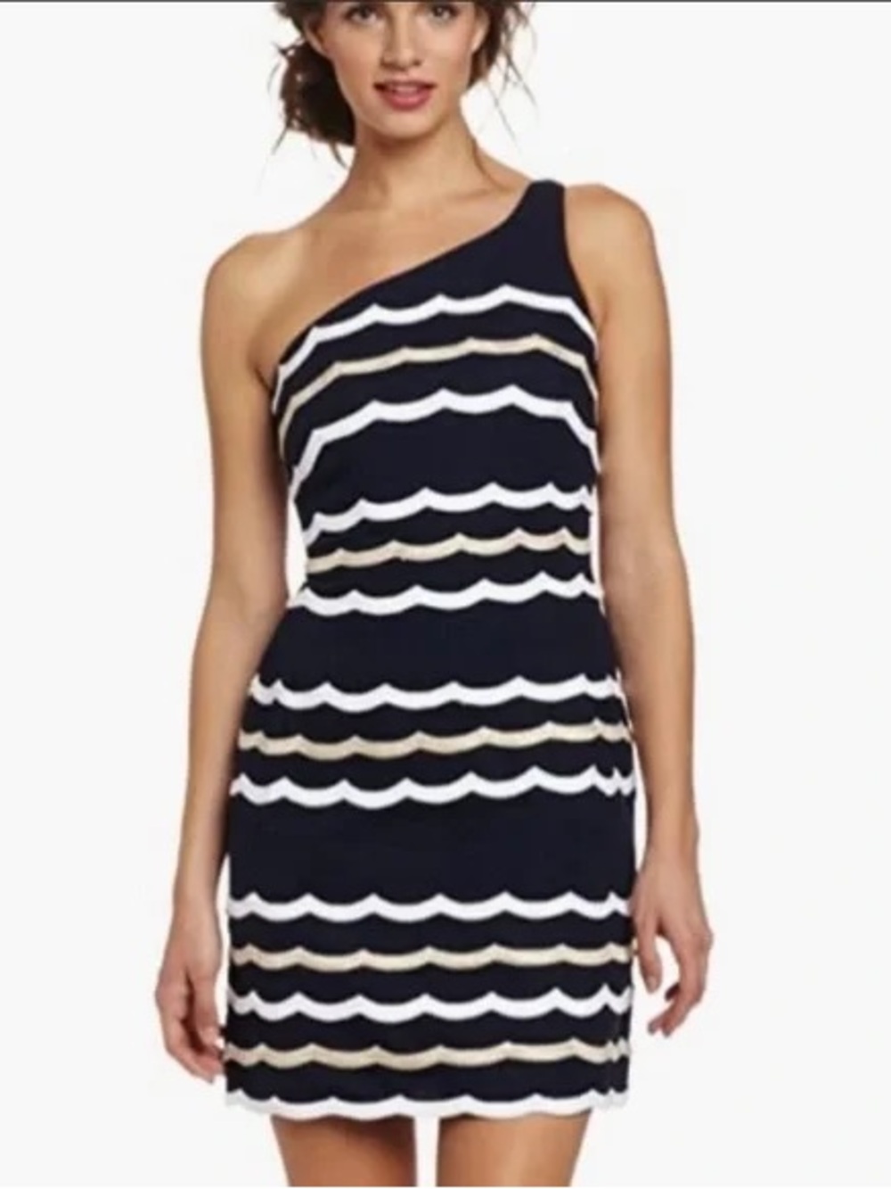 Lilly Pulitzer Navy White Cream One-Shoulder Scallop Stripe Sheath Dress